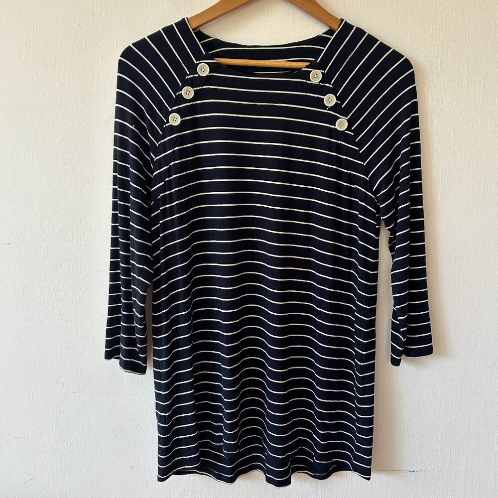 J. Jill Tunic Top Womens Small Navy Blue Striped Button Shoulder Nautical